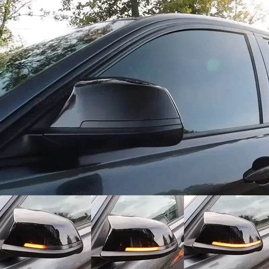Black LED dynamic mirror turn signal lights installed on BMW F Series side mirrors