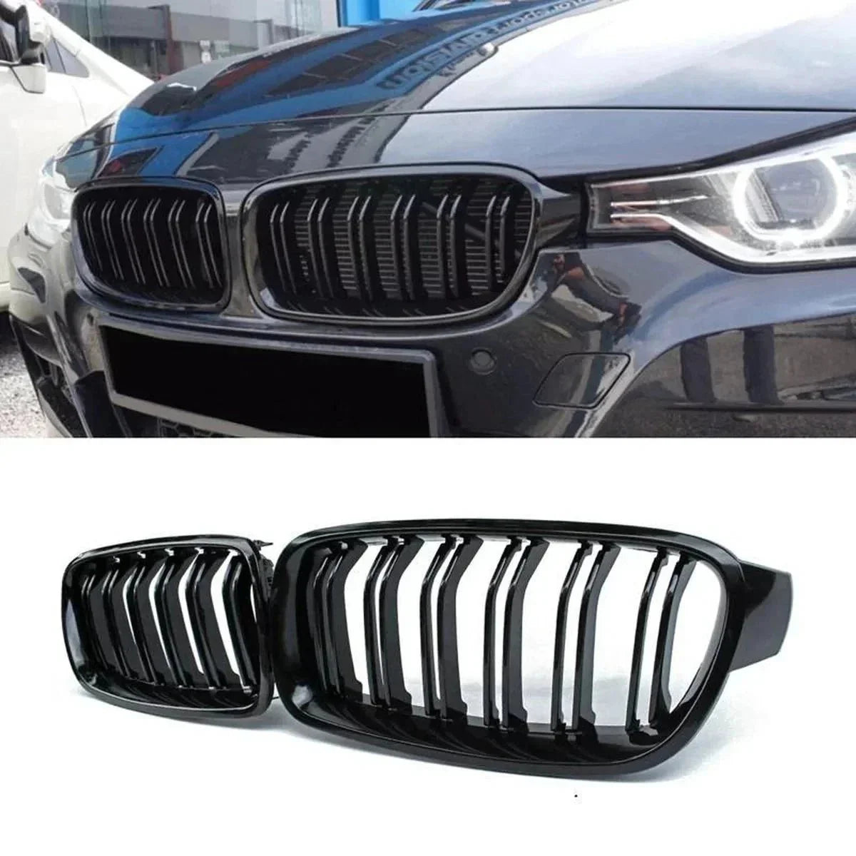 Gloss black kidney grille set for BMW F30 F31 F80 M Sport, shown installed and close-up