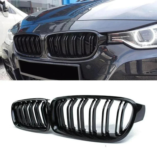 Gloss black kidney grille set for BMW F30 F31 F80 M Sport, shown installed and close-up