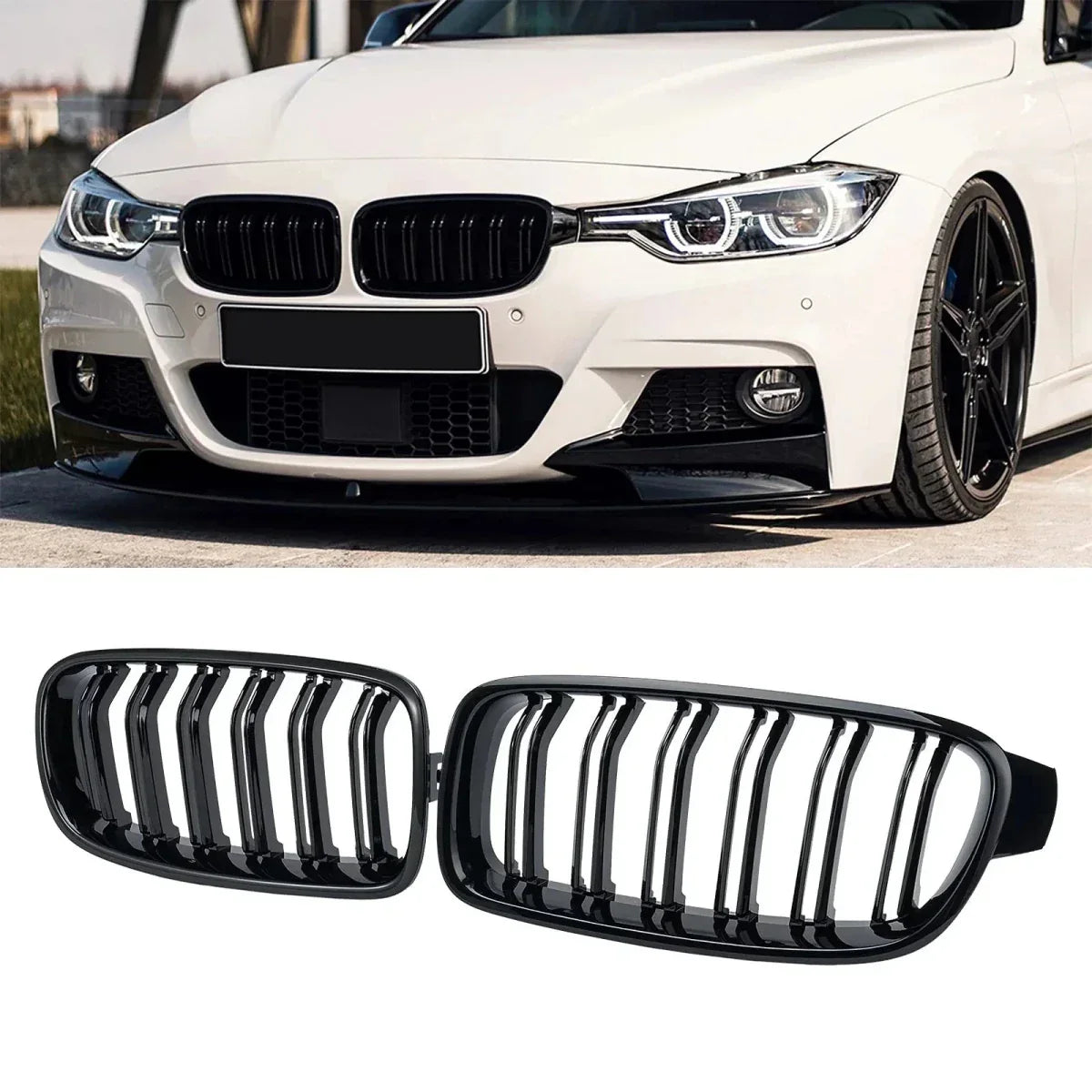 Piano black kidney grille upgrade for BMW F30 F31 F80 M Sport front view