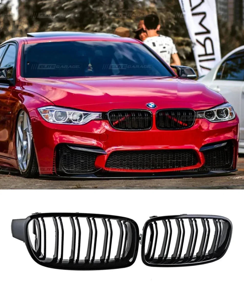 Piano black kidney grille set for BMW F30 F31 F80 M Sport, shown on a red BMW 3 Series.